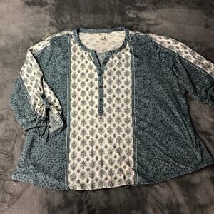 Style & Co Plus Size 3X Peasant Boho Top V Neck Roll Tab Stretch Paisley Popover